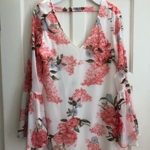 Mumu open back bell sleeved floral mini dress